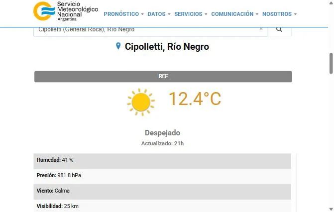 Pronóstico del Servicio Meteorológico Nacional para Cipolletti