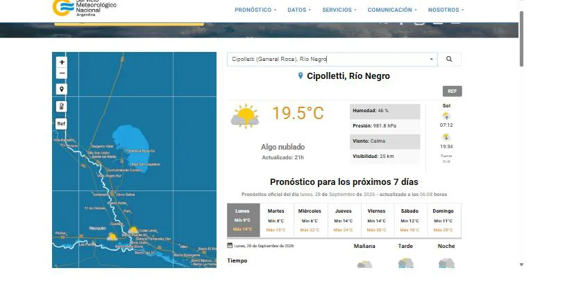 Estado del tiempo en Cipolletti según el Servicio Meteorológico Nacional