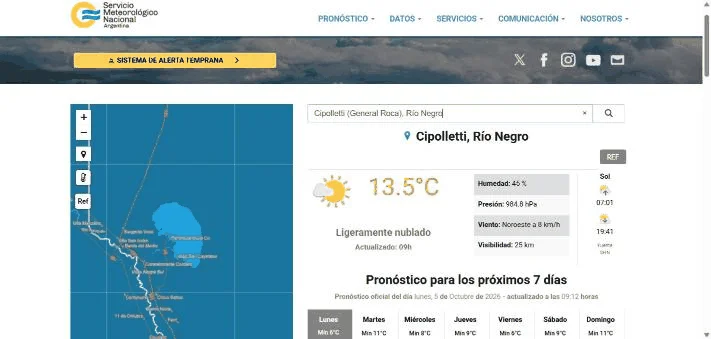 Pronóstico del tiempo para Cipolletti según el Servicio Meteorológico Nacional