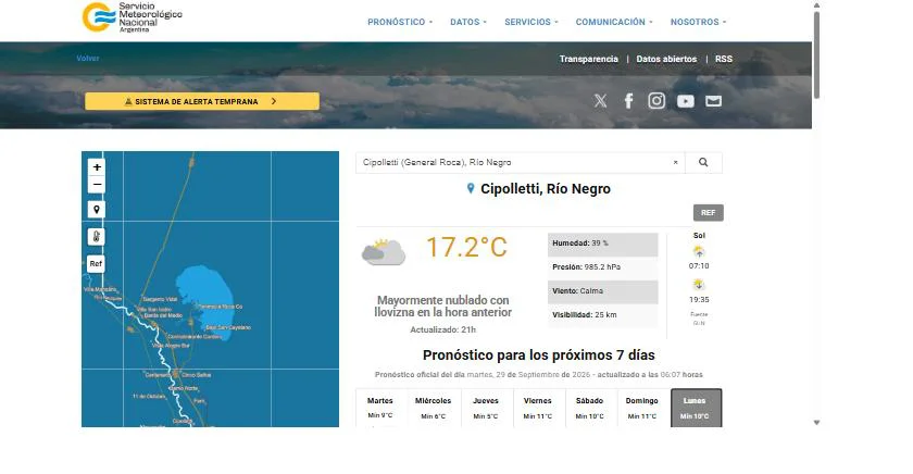 Estado del tiempo en Cipolletti según el Servicio Meteorológico Nacional