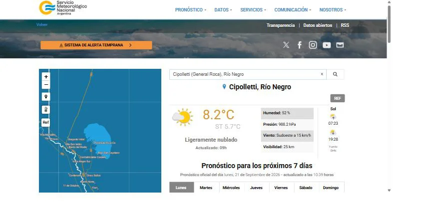 Estado del tiempo en Cipolletti según el SMN, lunes 21 de septiembre de 2026