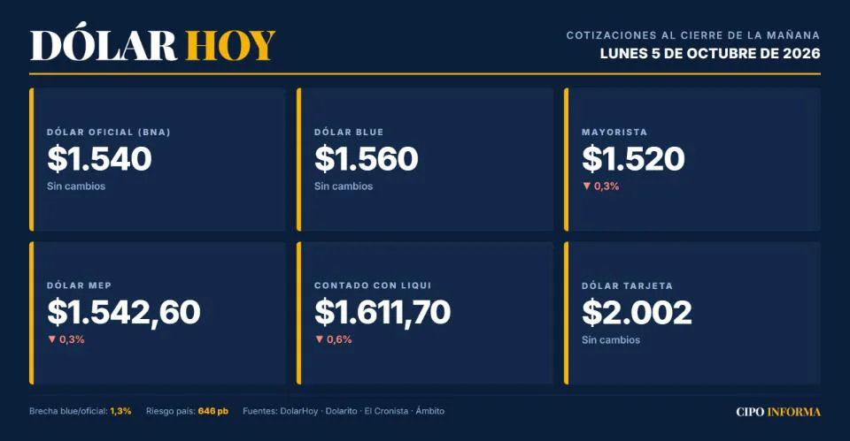 Cotizaciones del dólar del lunes 5 de octubre de 2026
