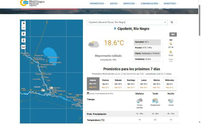 Estado del tiempo en Cipolletti según el Servicio Meteorológico Nacional